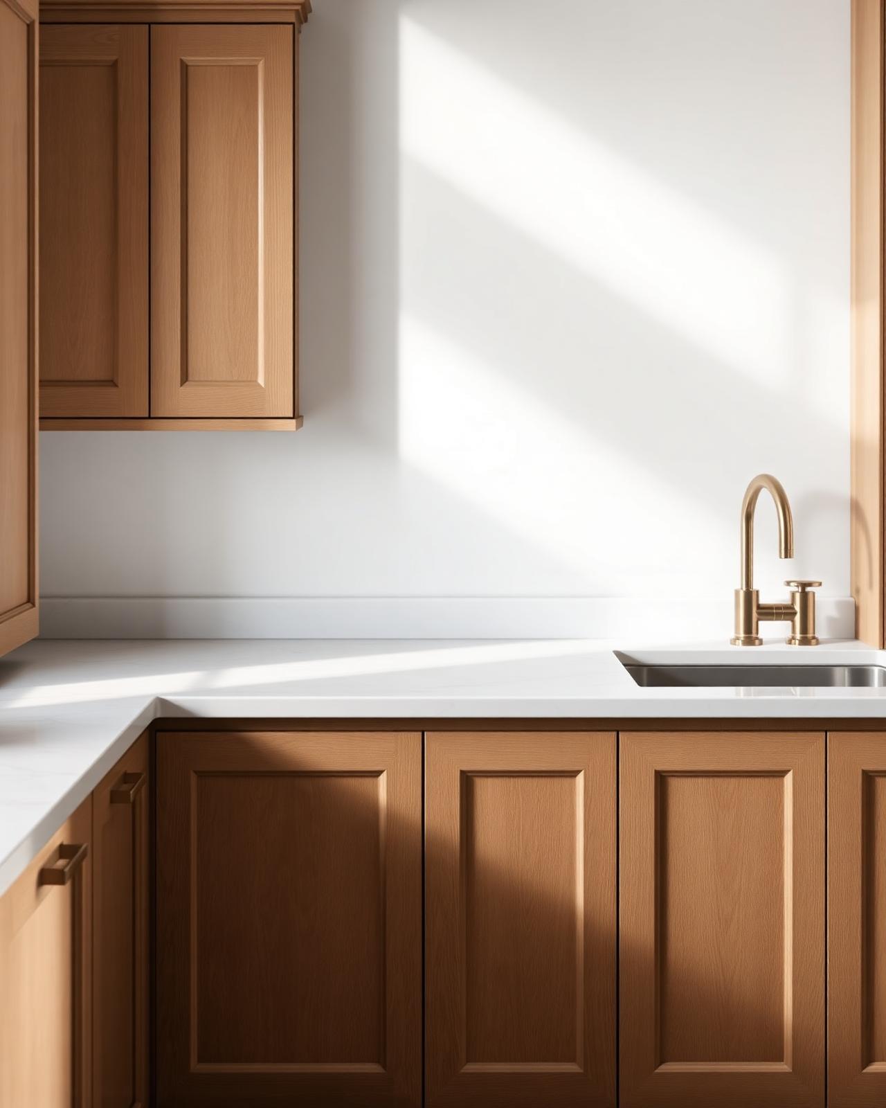 Detail of oak kitchen cabinetry with marble and brass