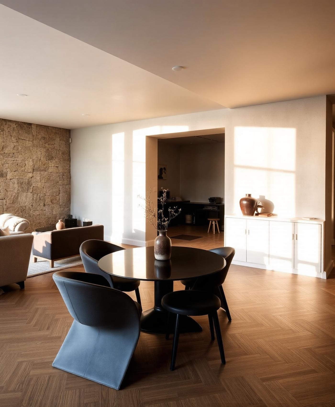 Editorial luxury dining space with sculptural chairs